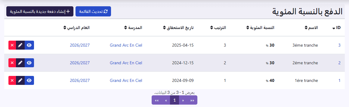 الدفع بالنسبة المئوية: الاسم، النسبة المئوية، الترتيب، تاريخ الاستحقاق، المدرسة، العام الدراسي