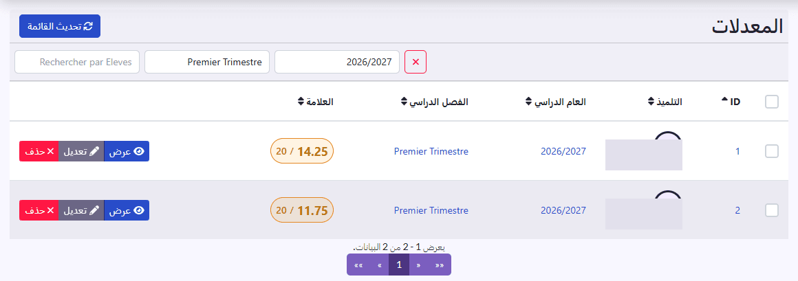 قائمة «المعدلات»: التلميذ، العام الدراسي، الفصل الدراسي، العلامة