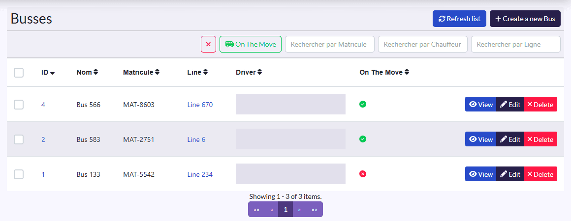 “Busses” list: Name, Matricule, Line, Driver, On The Move