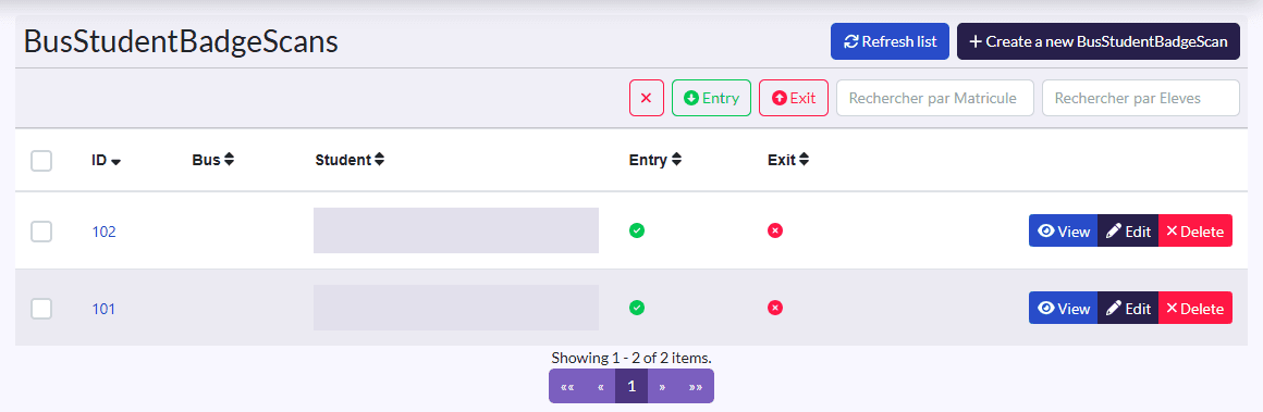 Badge scans history: Bus, Student, with the Entry and Exit filters