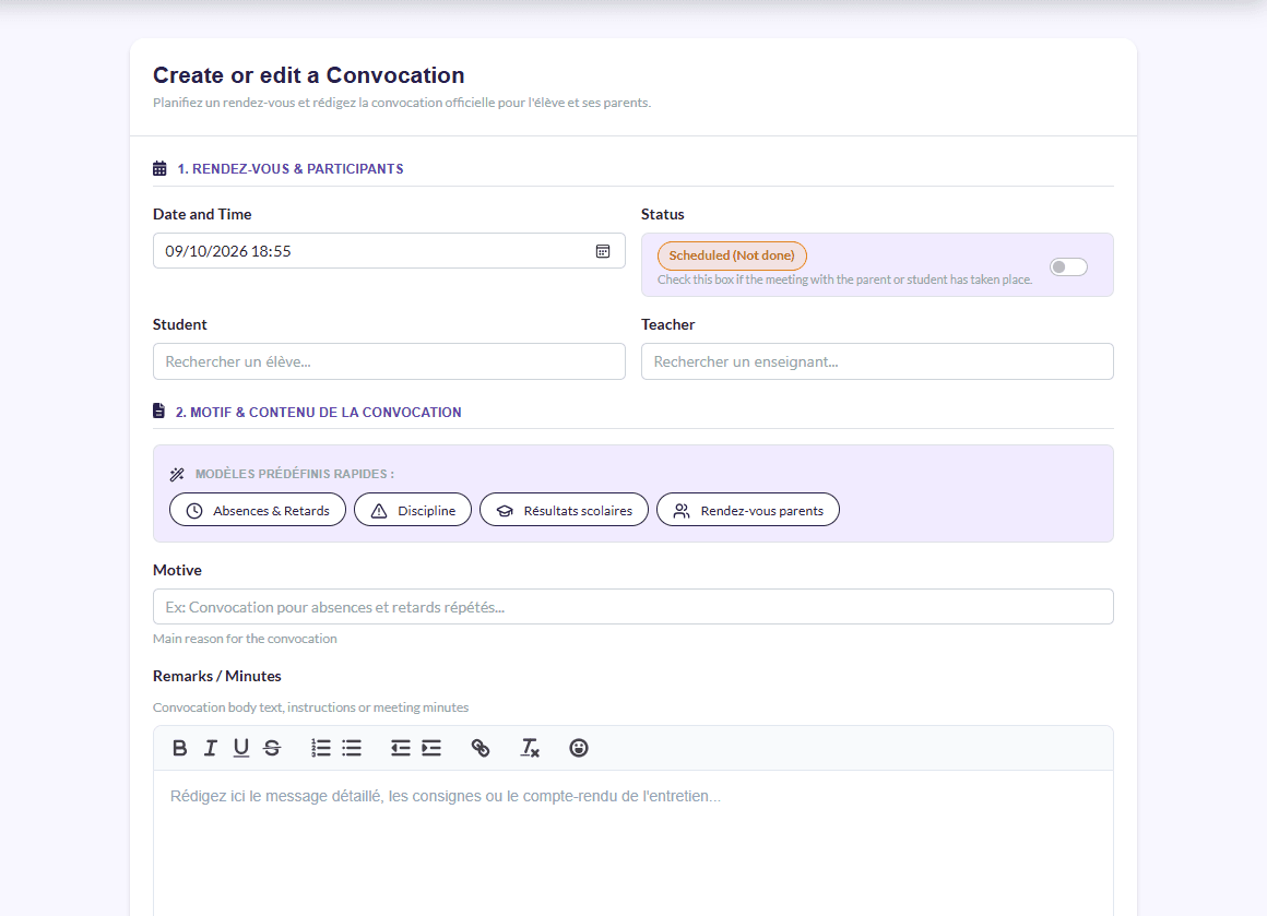 Convocation form with the quick templates