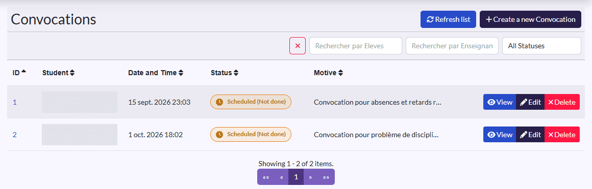 “Convocations” list: Student, Date and Time, Status, Motive, with the status filter