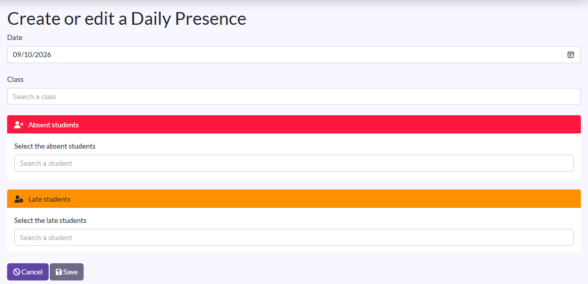 Roll call form: Date, Class, absent students (red), late students (orange), summary