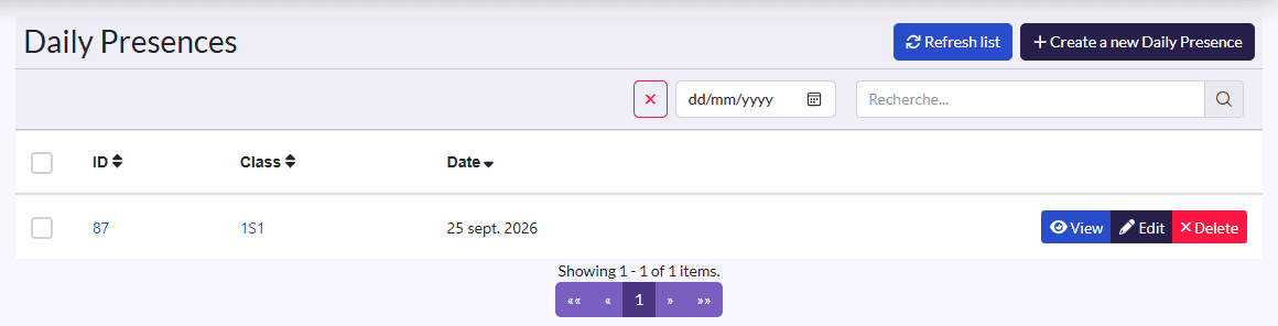 “Daily Presences” list with the search field and the ID / Class / Date table