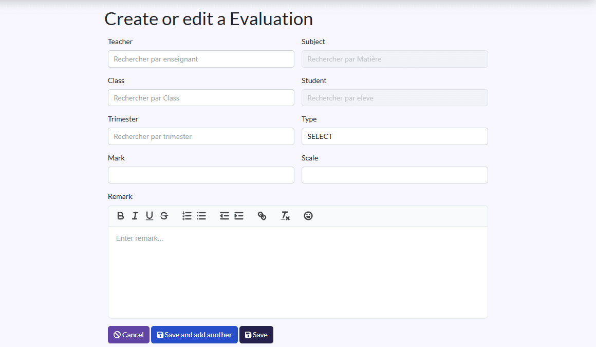 “Create or edit a Evaluation” form