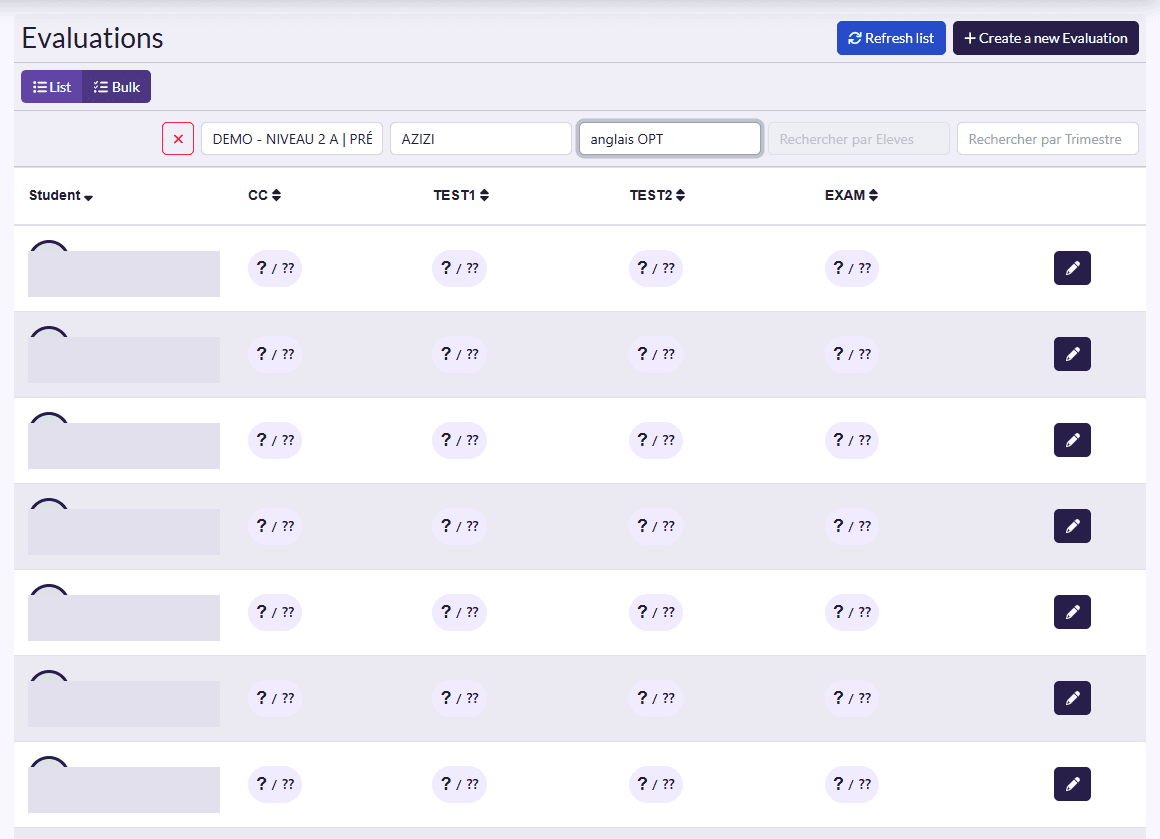 Grouped view: one row per student, CC, TEST1, TEST2, EXAM columns