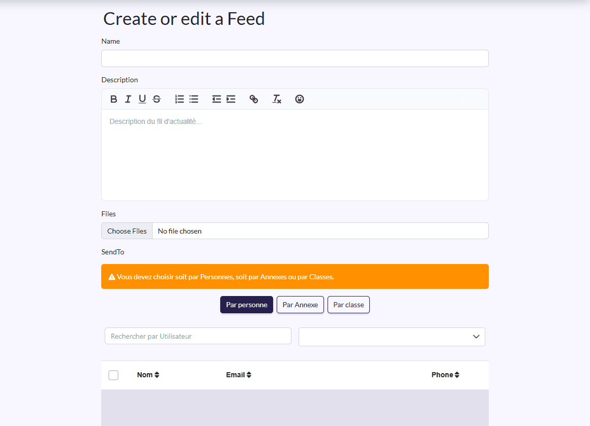 Feed form: Name, Description, Files, SendTo