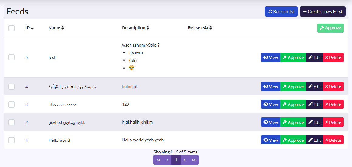 “Feeds” list: Name, Description, ReleaseAt