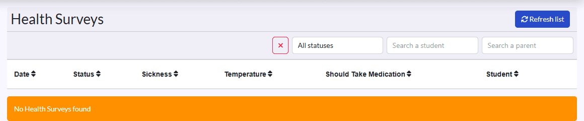 “Health Surveys” list: Date, Status, Sickness, Temperature, Should Take Medication, Student