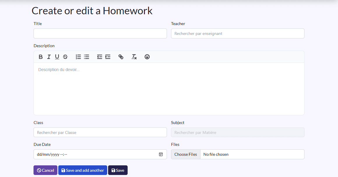 “Create or edit a Homework” form