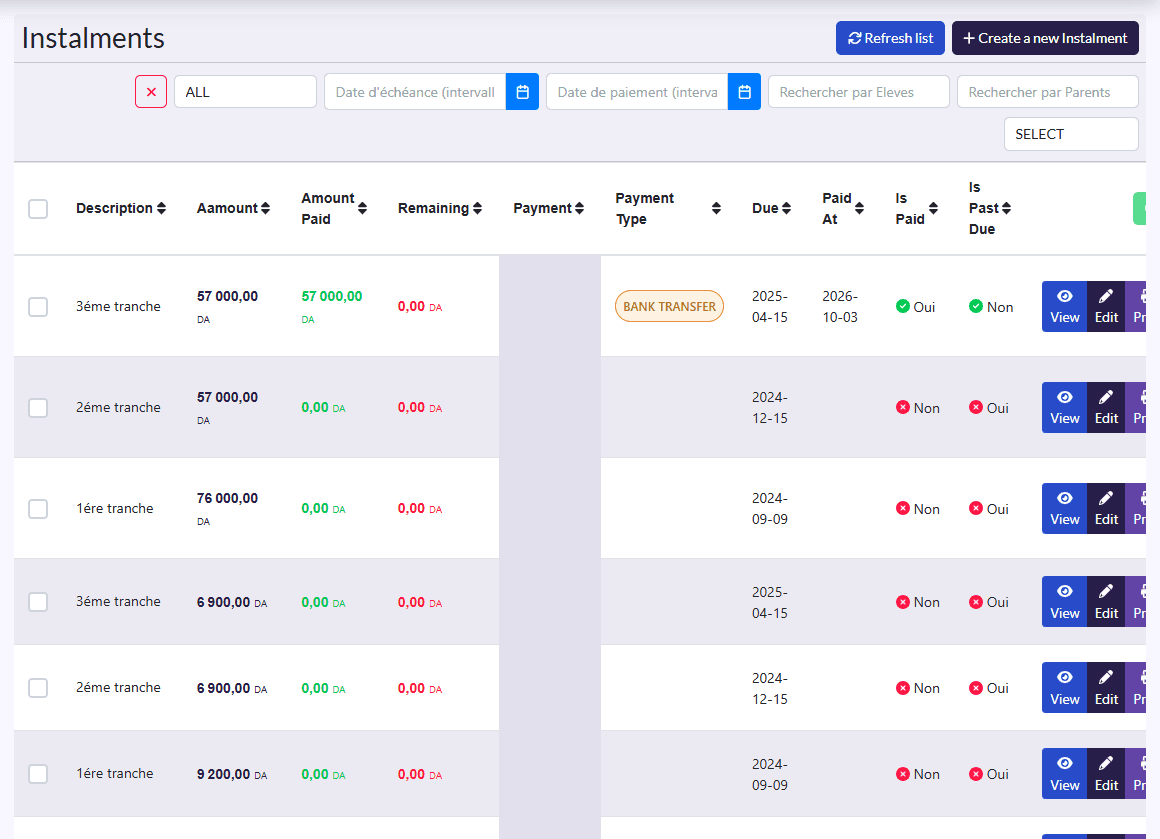 “Instalments” list: Description, Amount, Amount Paid, Remaining, Payment, Payment Type, Due, Paid At, Is Paid, Is Past Due