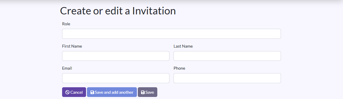 Invitation form: Role, First Name, Last Name, Email, Phone, Parent, 2nd Parent