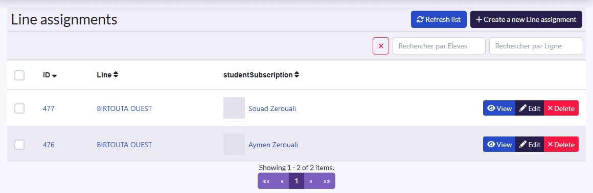 “Line assignments”: Line, studentSubscription