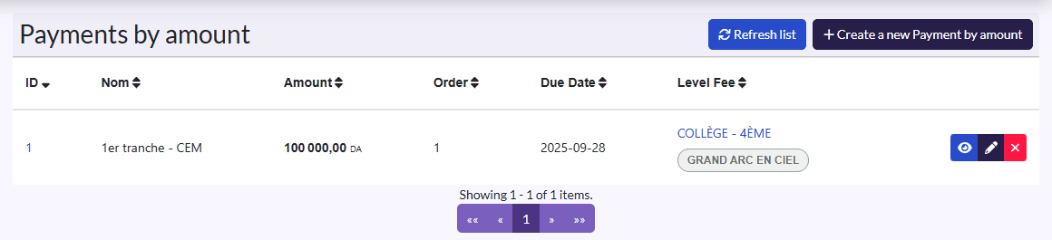 “Payments by amount”: Name, Amount, Order, Due Date, Level Fee
