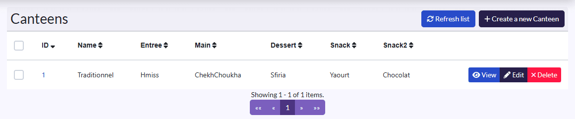 Menu list: Name, Entree, Main, Dessert, Snack, Snack2