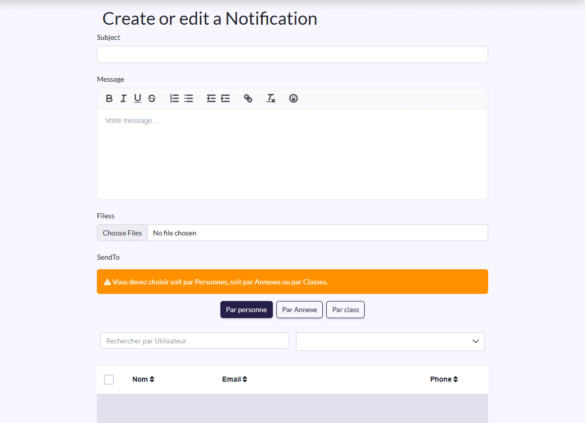 Notification form: Subject, Message, Files, SendTo
