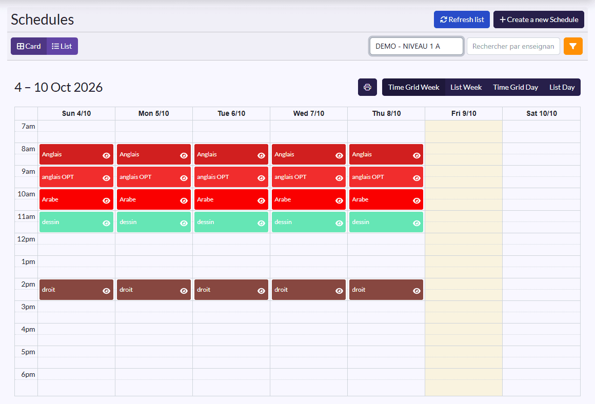 Schedule in calendar view: a class's week, one coloured block per lesson