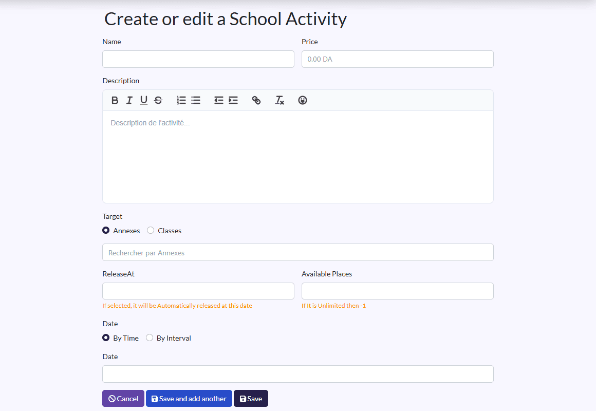 Activity form: Name, Price, Description, Target, ReleaseAt, Available Places, Date