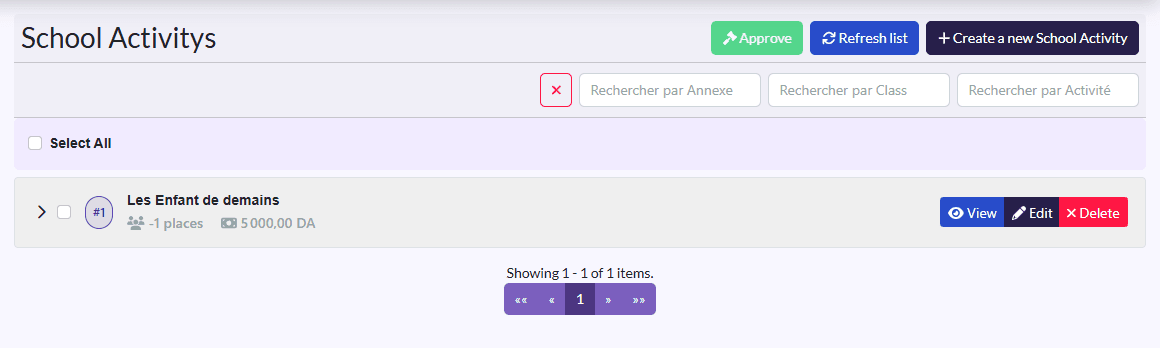 “School Activitys”: accordion list with Select All