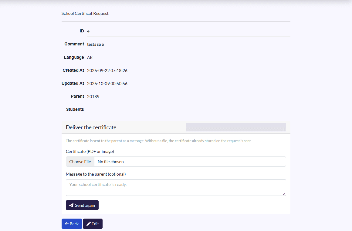“Deliver the certificate” panel: certificate file, message to the parent, send button