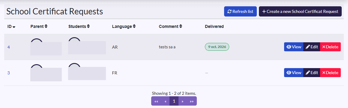 “School Certificat Requests” list: Parent, Students, Language, Comment, Delivered