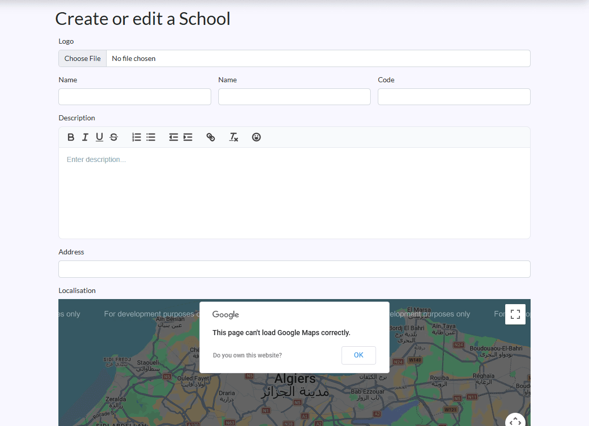 “Create or edit a School” form: Logo, Name, Code, Description, Address, Localisation