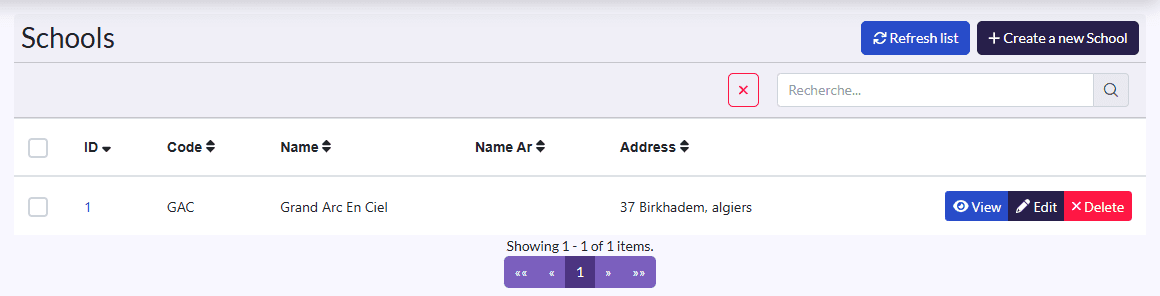 “Schools” list: Code, Name, Name Ar, Address