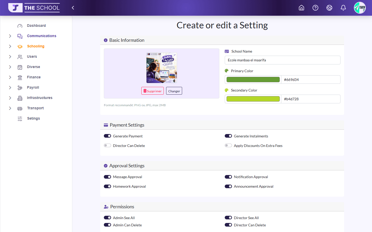 School settings form