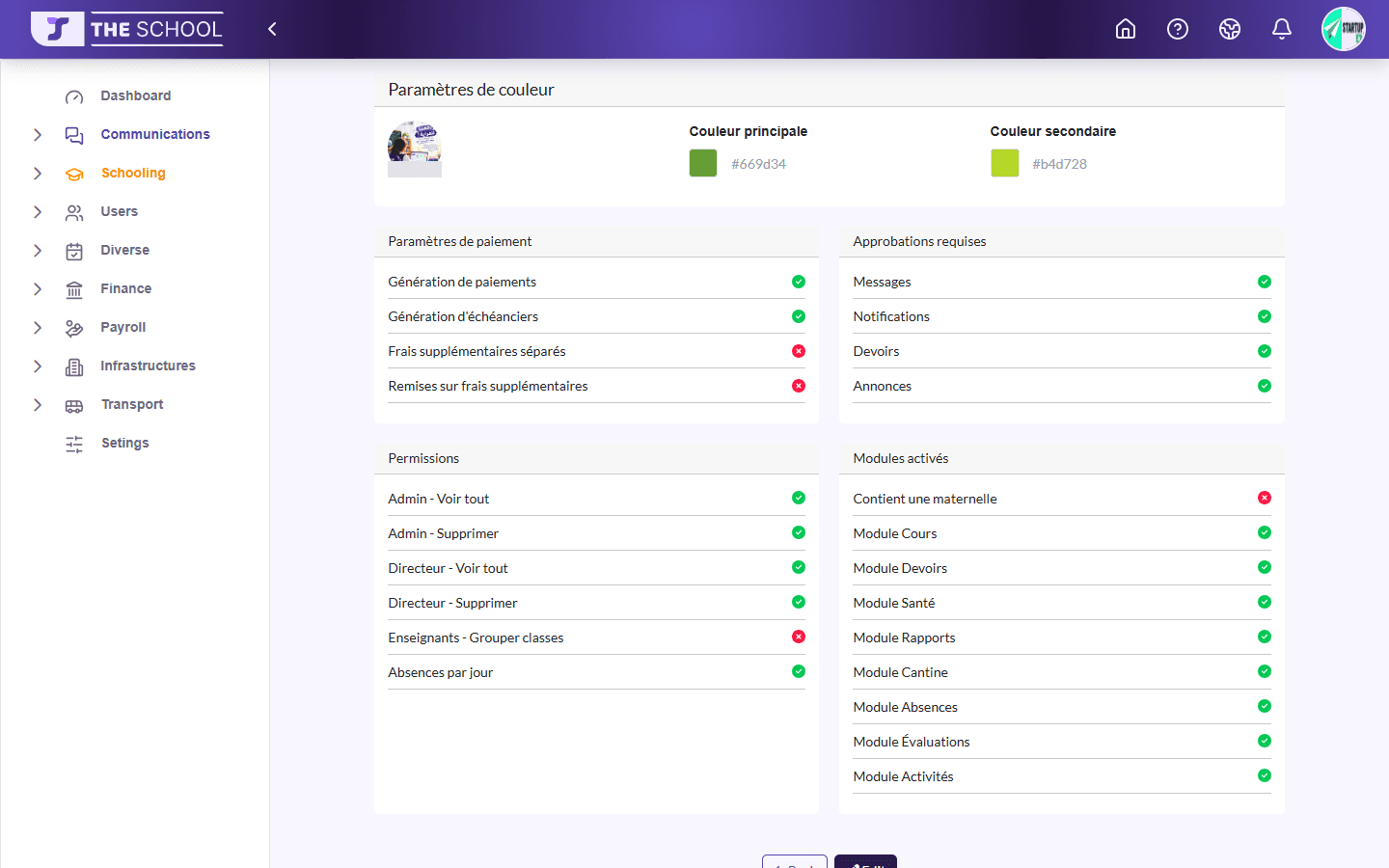 Settings: colours, payment settings, required approvals, permissions, enabled modules