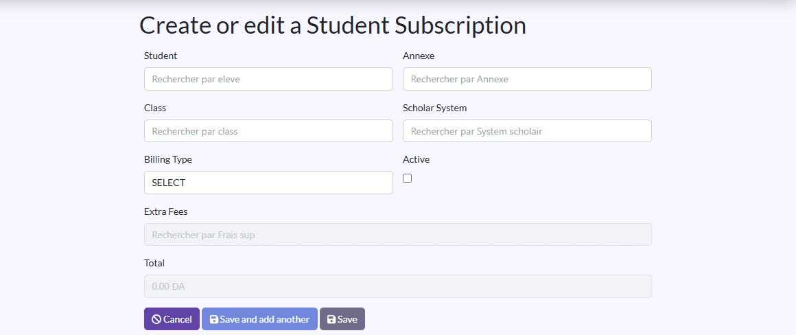 Enrolment form: Student, Annexe, Class, Scholar System, Billing Type, Extra Fees, Total
