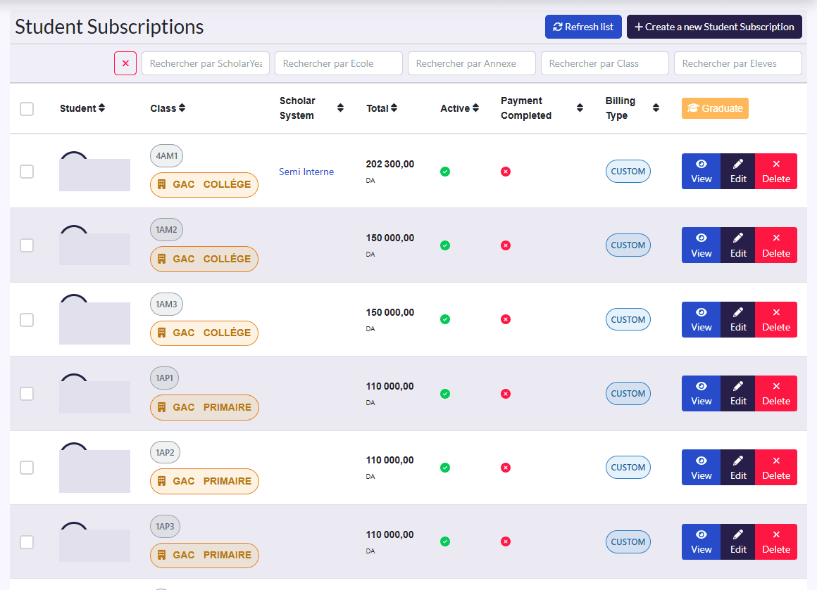 “Student Subscriptions” list with the filters and the Total column in DA