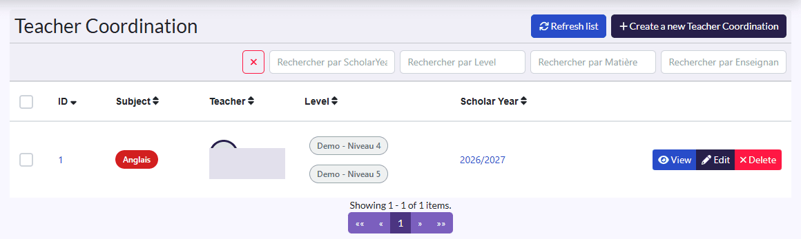 Teacher Coordination: Subject, Teacher, Level, Scholar Year