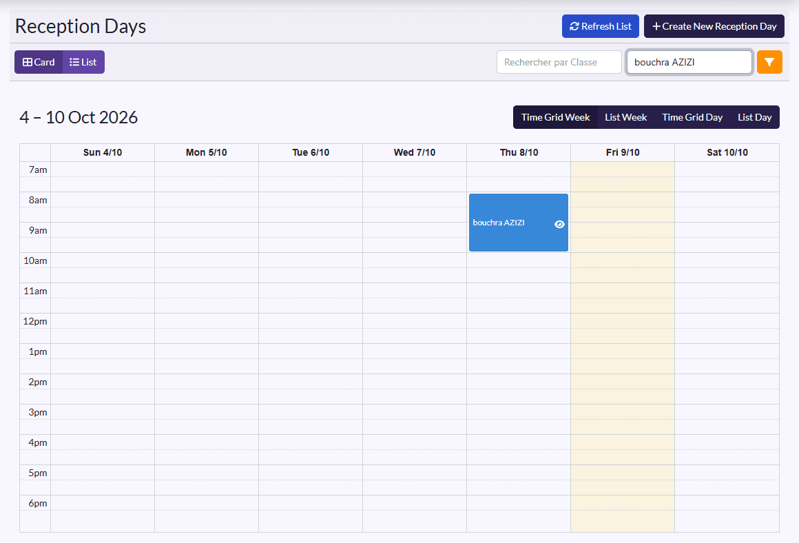 A teacher's reception days in calendar view