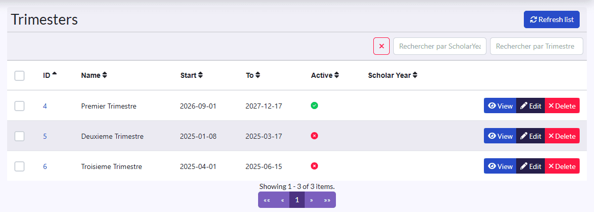 “Trimesters” list: Name, Start, To, Active, Scholar Year