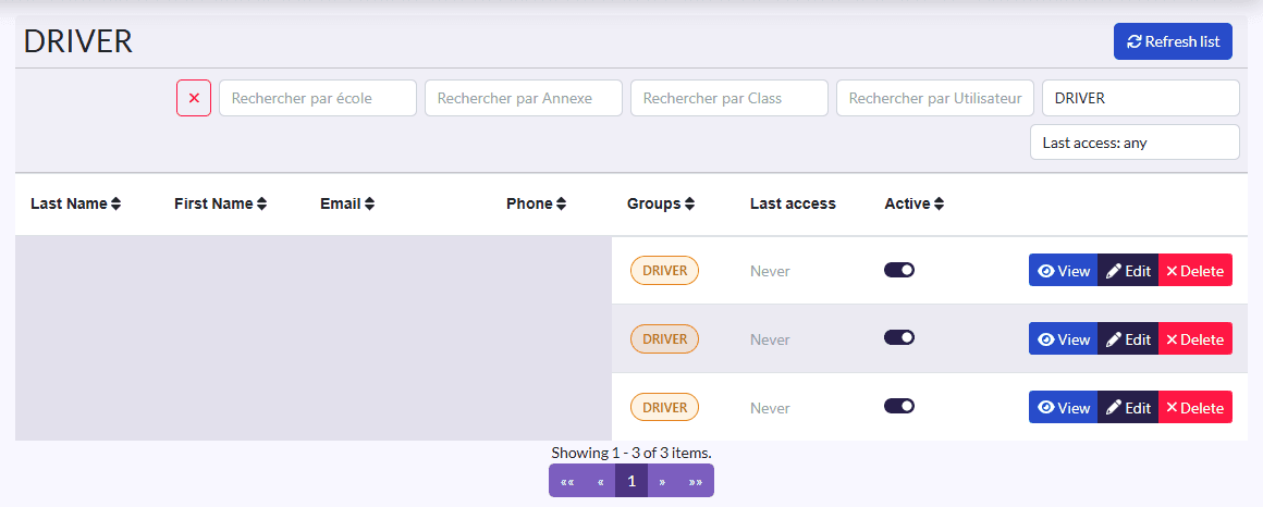 “DRIVER” list: Last Name, First Name, Email, Phone, Groups, Last access, Active
