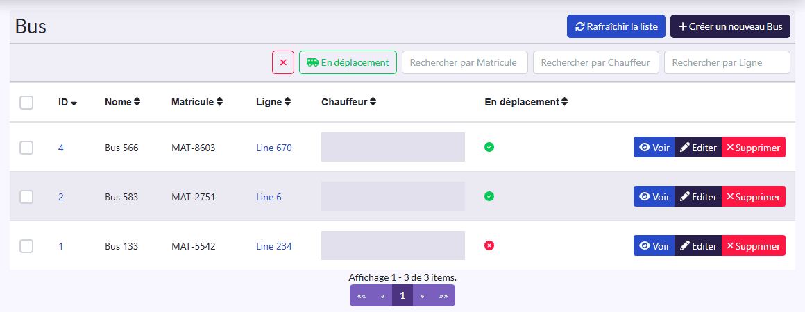 Liste « Bus » : Nome, Matricule, Ligne, Chauffeur, En déplacement
