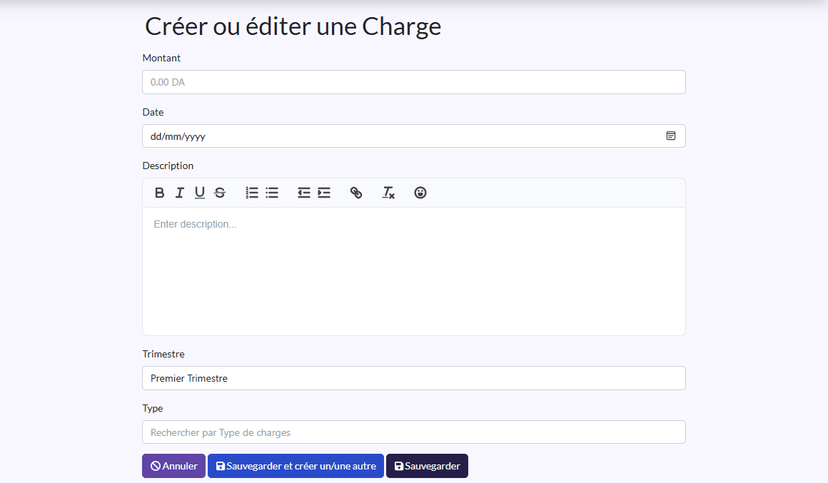 Formulaire de charge