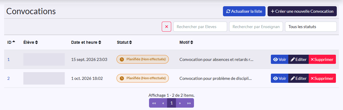 Liste « Convocations » : Élève, Date et heure, Statut, Motif, avec le filtre de statut