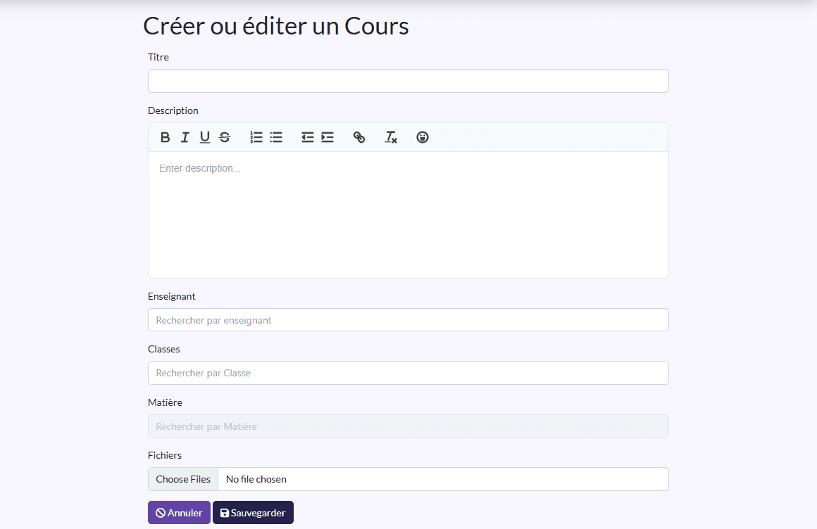 Formulaire « Créer ou éditer un Cours »