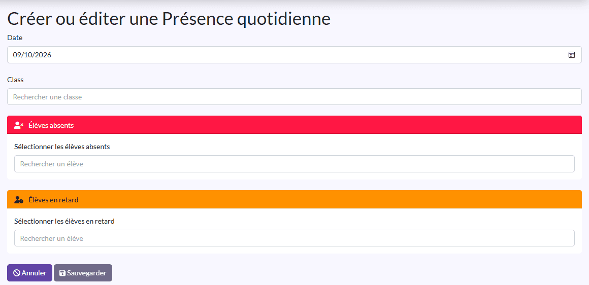 Formulaire d'appel : Date, Class, Élèves absents (rouge), Élèves en retard (orange), Résumé