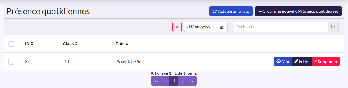 Liste « Présence quotidiennes » avec la recherche et le tableau ID / Classe / Date