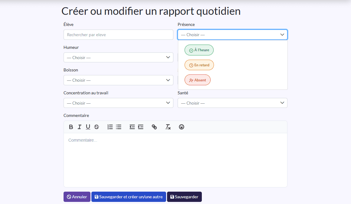 Liste Présence ouverte : badges À l'heure (vert), En retard (orange), Absent (rouge)