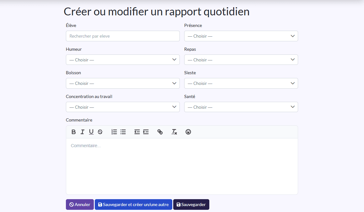 Formulaire de rapport quotidien avec les listes déroulantes et le commentaire