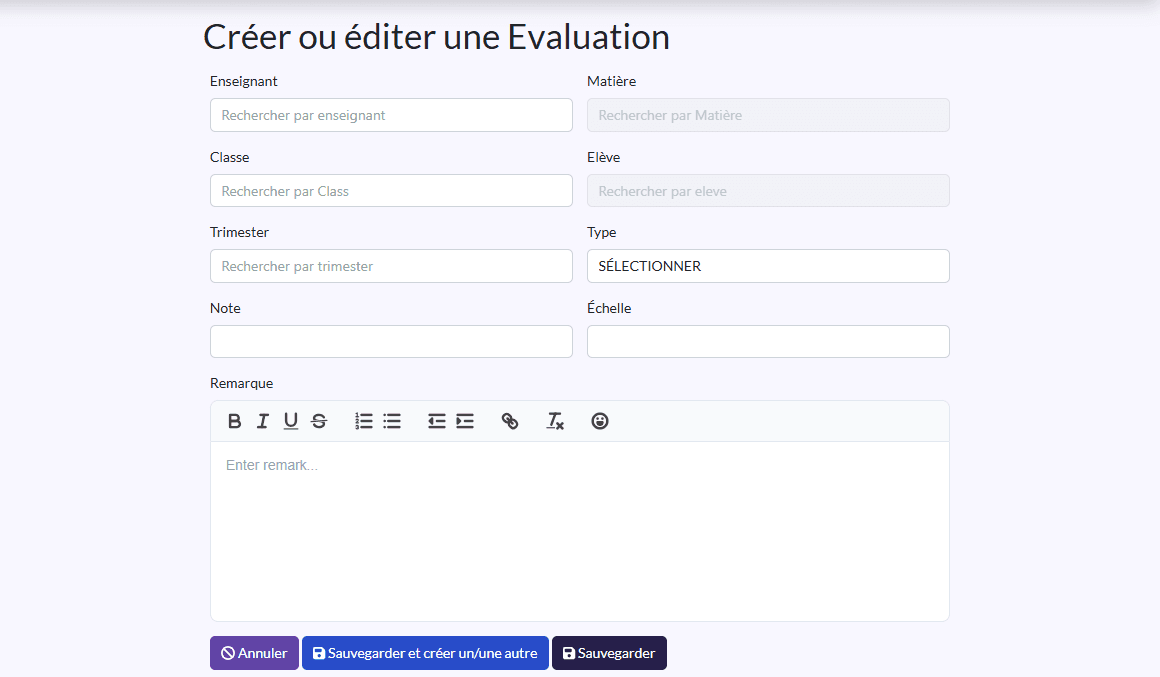 Formulaire « Créer ou éditer une Evaluation »