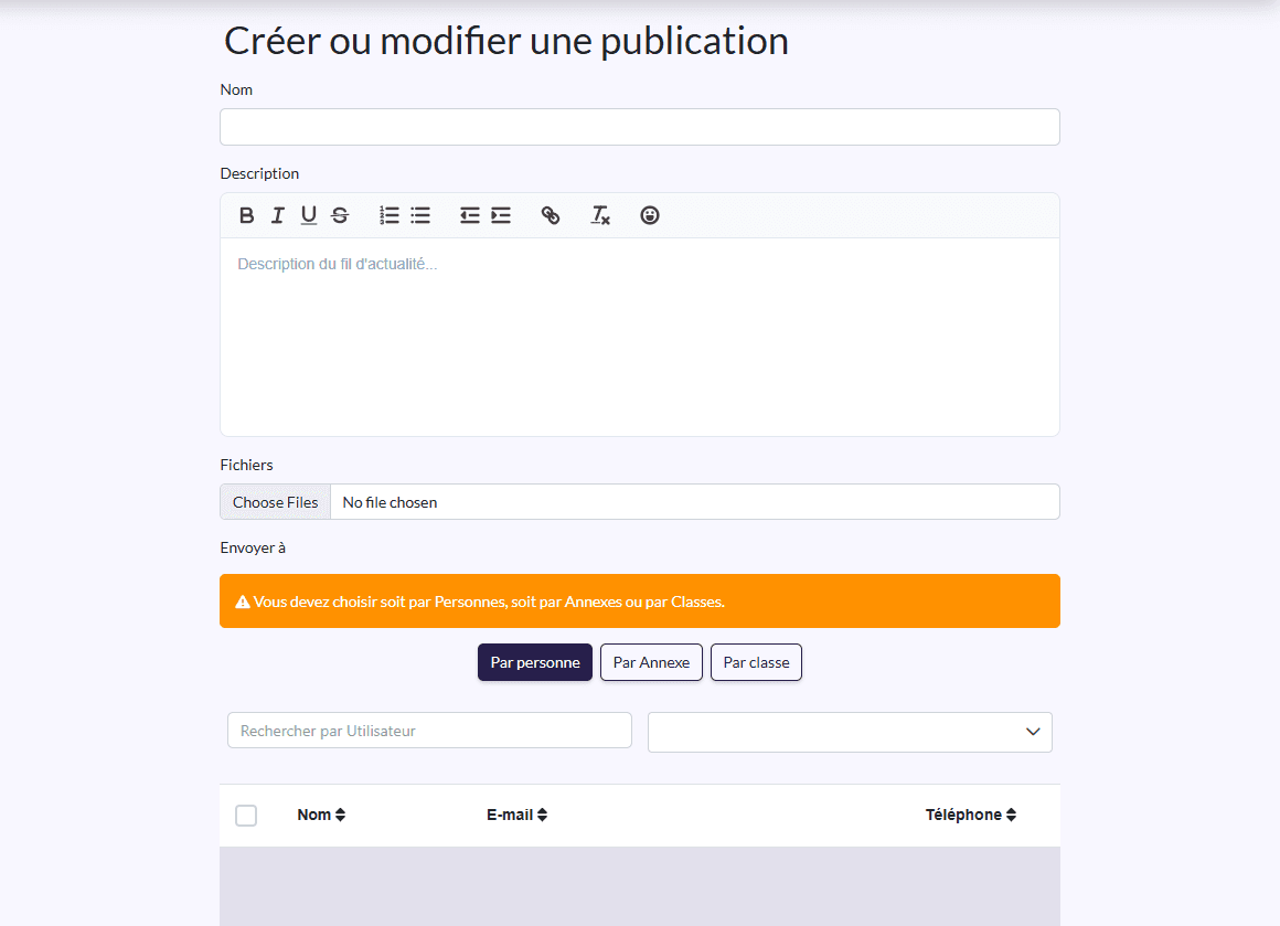 Formulaire de publication : Nom, Description, Fichiers, Envoyer à