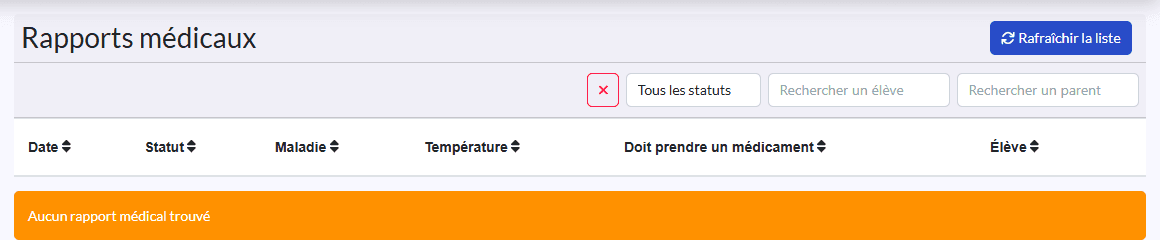 Liste « Rapports médicaux » : Date, Statut, Maladie, Température, Doit prendre un médicament, Élève