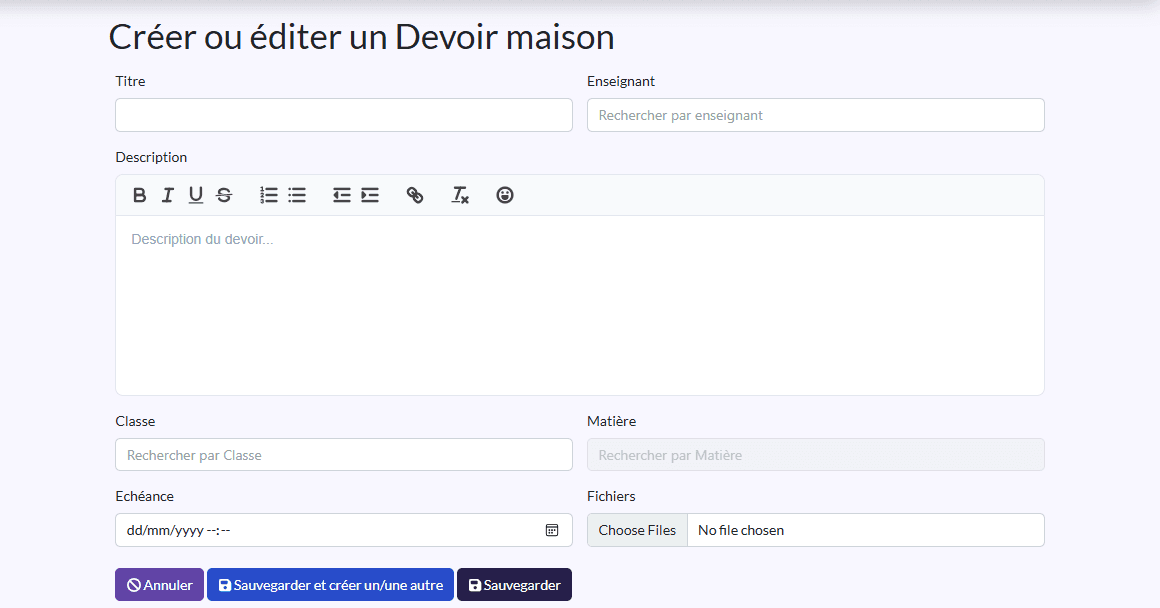 Formulaire « Créer ou éditer un Devoir maison »
