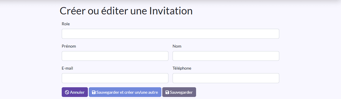 Formulaire d'invitation : Role, Prénom, Nom, E-mail, Téléphone, Parent, 2eme Parent