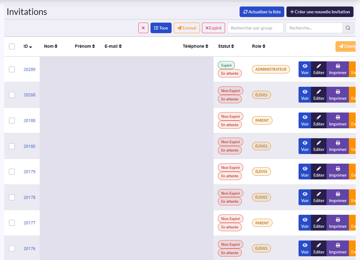 Liste « Invitations » : Nom, Prénom, E-mail, Téléphone, Statut, Role
