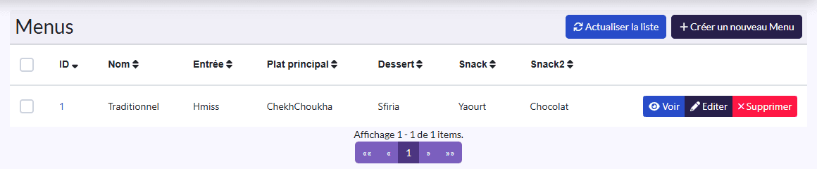 Liste « Menus » : Nom, Entrée, Plat principal, Dessert, Snack, Snack2
